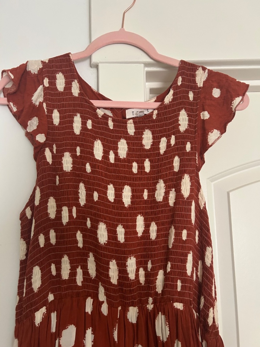 Smocked white polka dot orange dress M - Picture 3 of 6